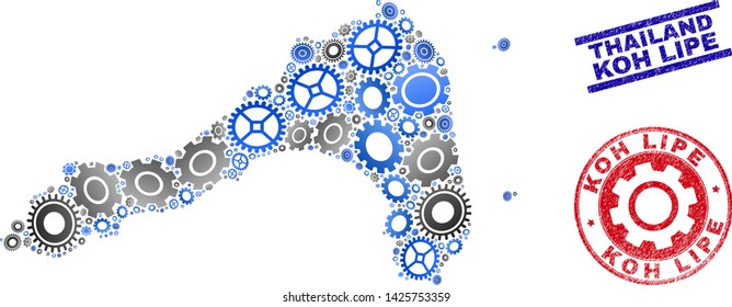 Workshop vector Koh Lipe map collage and seals. Abstract Koh Lipe map is done with gradiented random cogs. Engineering geographic plan in gray and blue colors,
