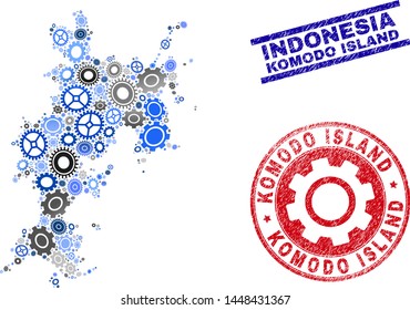 Workshop vector Komodo Island map mosaic and seals. Abstract Komodo Island map is done with gradiented random gearwheels. Engineering territorial scheme in gray and blue colors,