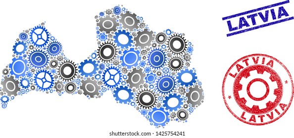 Workshop vector Latvia map composition and seals. Abstract Latvia map is constructed with gradient randomized gear wheels. Engineering geographic scheme in gray and blue colors,