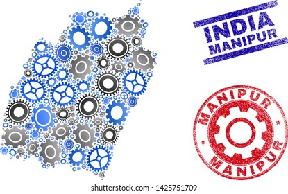 Workshop vector Manipur State map mosaic and seals. Abstract Manipur State map is constructed from gradiented randomized gears. Engineering territorial plan in gray and blue colors,