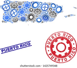 Workshop vector Puerto Rico map mosaic and seals. Abstract Puerto Rico map is composed with gradiented scattered gear wheels. Engineering territorial scheme in gray and blue colors,