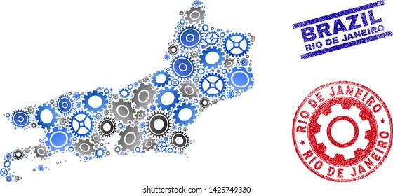 Workshop vector Rio de Janeiro State map composition and seals. Abstract Rio de Janeiro State map is composed from gradient scattered cogs. Engineering territory plan in gray and blue colors,