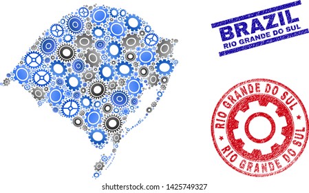 Workshop vector Rio Grande do Sul State map collage and stamps. Abstract Rio Grande do Sul State map is done with gradiented randomized gears. Engineering territorial scheme in gray and blue colors,