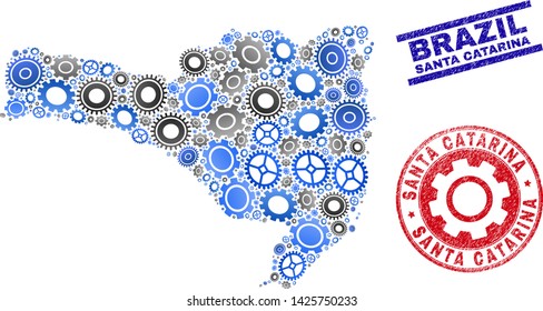 Workshop vector Santa Catarina State map composition and seals. Abstract Santa Catarina State map is composed with gradient scattered gear wheels. Engineering territory plan in gray and blue colors,