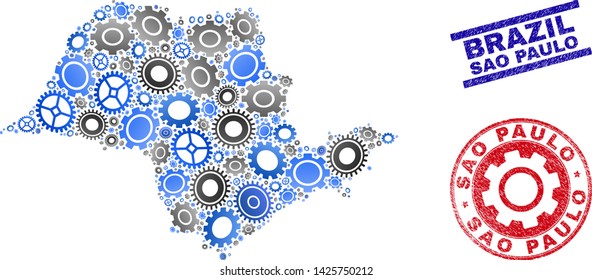 Workshop vector Sao Paulo State map collage and seals. Abstract Sao Paulo State map is composed of gradient random gearwheels. Engineering territory scheme in gray and blue colors,
