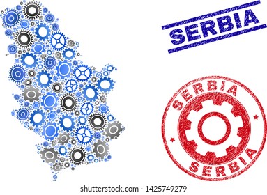 Workshop vector Serbia map composition and stamps. Abstract Serbia map is created from gradiented scattered cogwheels. Engineering geographic scheme in gray and blue colors,
