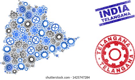 Workshop vector Telangana State map composition and stamps. Abstract Telangana State map is formed of gradiented scattered gears. Engineering territory scheme in gray and blue colors,