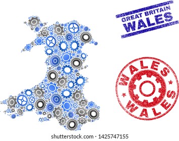 Workshop vector Wales map collage and stamps. Abstract Wales map is designed of gradient random gears. Engineering territorial plan in gray and blue colors, and blue and red rounded and lines stamps,