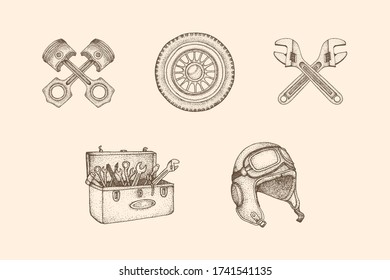 Workshop Vintage Illustration with Hand Drawn Style, includes Piston or Engine, Helmet, Tire, Toolbox, and Wrench. Suitable for t-shirt, merchandise, logo, tattoo, sticker, patches, and many more.