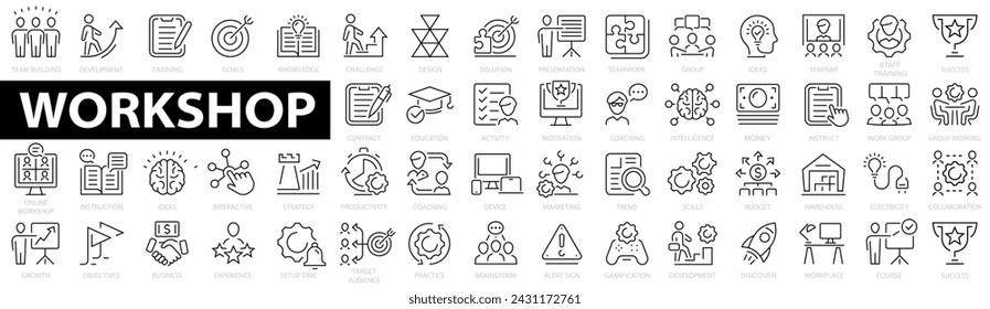 Workshop web icon set. Containing team building, collaboration, teamwork, coaching, partnership, goals, problem-solving and education and more. Vector illustration