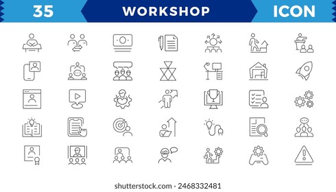 Workshop web icon set. Containing team building, collaboration, teamwork, coaching partnership, goals, problem-solving and education,Workshop outline icons with Includes Presentation, Managing, 