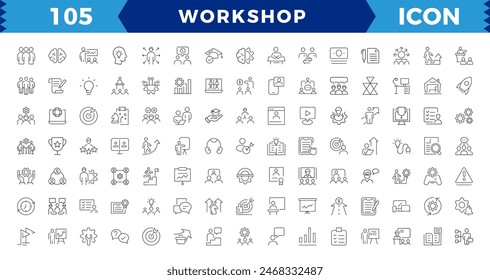 Conjunto de iconos del Web del taller. Conteniendo equipo de construcción, colaboración, trabajo en equipo, coaching asociación, metas, resolución de problemas y educación, Taller de esquema iconos con presentación, Gestión, 