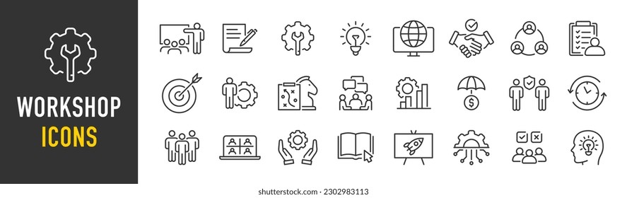 Iconos web del taller en estilo de línea. Trabajo en equipo, capacitación, negocios, asociación, objetivos, entrenamiento, recolección. Ilustración vectorial.