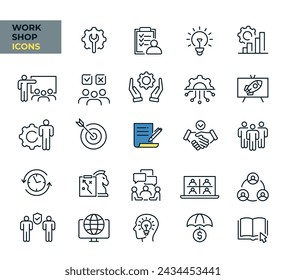 Workshop web icons in line style. Business,teamwork, partnership, training, coaching, collection. Vector illustration. Images produced without the use of any form of AI. software