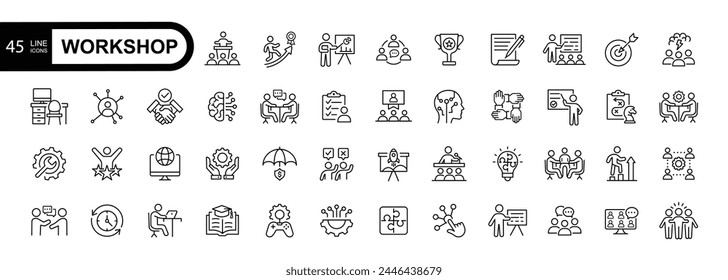 Workshop web icons in line style. Teamwork, training, business, partnership, goals, coaching, collection. Editable stroke