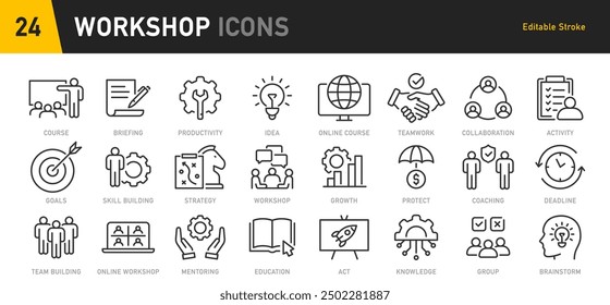 Workshop web icons in line style. Teamwork, training, business, partnership, goals, coaching, collection. Vector illustration.	