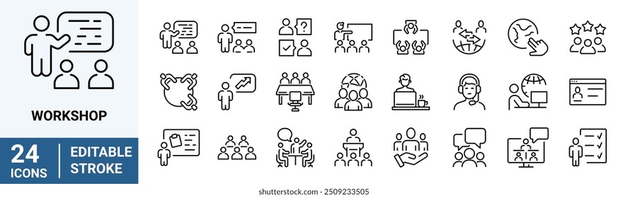 Workshop web icons in line style. Business. Containing team building, teamwork, coaching, meeting, managing, coaching.