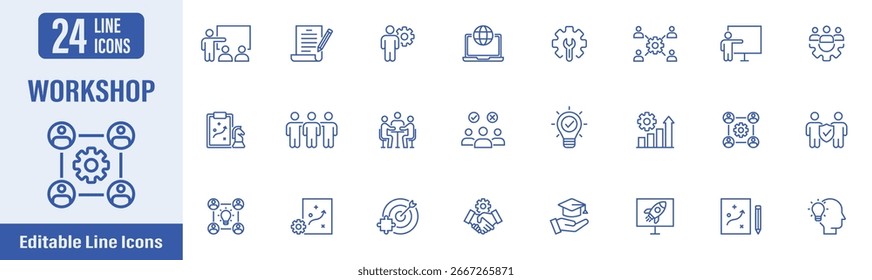 Iconos web de taller en estilo de línea. Contiene iconos como trabajo en equipo, entrenamiento, equipo, reuniones, coaching, gestión y más. Ilustración vectorial.