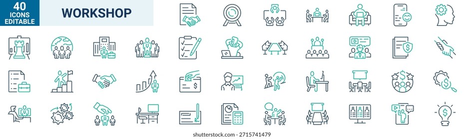 Iconos web de taller en estilo de línea. Negocios. Conteniendo team building, trabajo en equipo, coaching, reuniones, gestión, coaching.