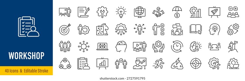 Ícones da Web do workshop em estilo de linha. Trabalho em equipe, treinamento, negócios, parceria, metas, treinamento, coleta. Traçado editável. Ilustração vetorial.