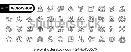 Workshop web icons in line style. Teamwork, training, business, partnership, goals, coaching, collection. Editable stroke