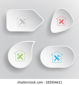 Workshop. White flat vector buttons on gray background.