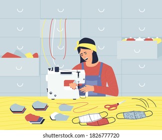 In the workshop, a woman sews medical cloth masks on a sewing machine. Sewing accessories are stored in the boxes. Blanks for fabric masks are laid on the table. Flat vector illustration.
