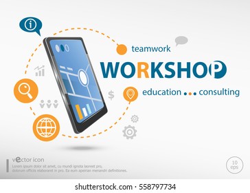 Workshop word cloud concept and realistic smartphone black color. Infographic business for graphic or web design layout