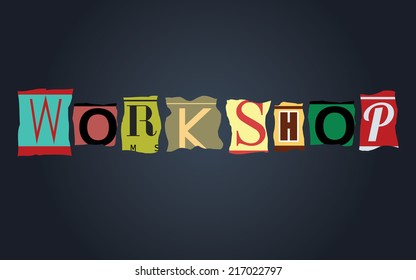 Workshop word on vintage broken car license plates, vector