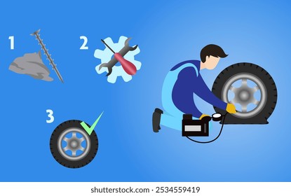 workshop workers repair car tires vector illustration, tire auto service infographic design illustration, automotive industry