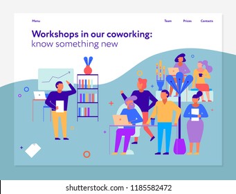 Workshops in coworking page design with new ideas symbols flat vector illustration