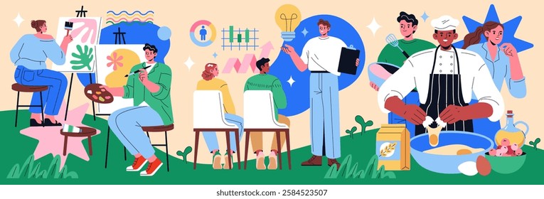 Workshops diverse learning experiences for skill development. Participants engage in art creation and culinary lessons with expert guidance. Creative environments foster collaboration and innovation
