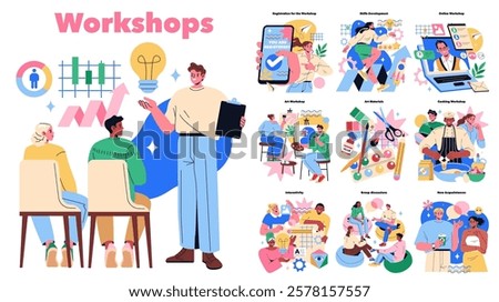 Workshops offer diverse learning experiences that engage participants in creativity, skills development, and community building. From art sessions to cooking classes, explore new knowledge. Vector