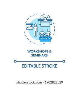 Workshops and seminars concept icon. Staff training type idea thin line illustration. Short intensive course. Lectures, practicals. Vector isolated outline RGB color drawing. Editable stroke