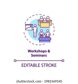 Workshops and seminars concept icon. Staff training type idea thin line illustration. Meeting for group discussion. Lectures, practicals. Vector isolated outline RGB color drawing. Editable stroke