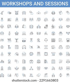 workshops and sessions outline icons collection. workshops, sessions, training, development, learning, education, skills vector illustration set. knowledge, networking, collaboration line signs