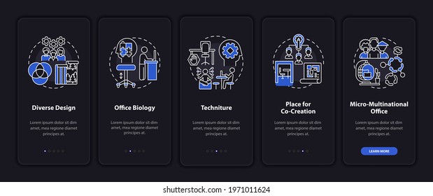 Worksite trend onboarding mobile app page screen with concepts. Techniture, co-creation place walkthrough 5 steps graphic instructions. UI, UX, GUI vector template with linear night mode illustrations