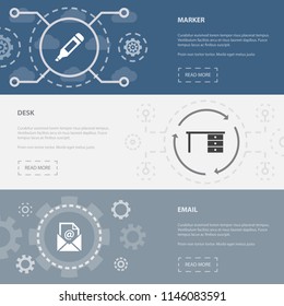Workspace 3 horizontal webpage banners template with Marker, Desk, Email concept icons. Flat modern isolated icon illustration.