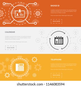 Workspace 3 horizontal webpage banners template with Badge ID, Calendar, Telephone concept icons. Flat modern isolated icon illustration.