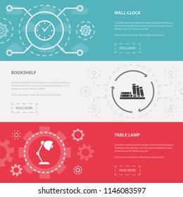 Workspace 3 horizontal webpage banners template with Wall clock, Bookshelf, Table lamp concept icons. Flat modern isolated icon illustration.