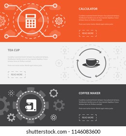 Workspace 3 horizontal webpage banners template with Calculator, Tea cup, Coffee maker concept icons. Flat modern isolated icon illustration.