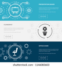 Workspace 3 horizontal webpage banners template with Presentation board, Flowerpot, Office chair concept icons. Flat modern isolated icon illustration.