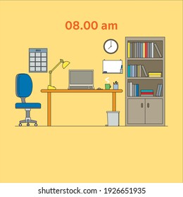 Workspace at 8 am. and 8 pm. Something changes and something not.