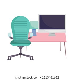 workspace armchair computer desk and lamp isolated design white background vector illustration