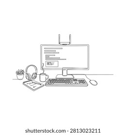 Workspace Arrangement With Computer Notebook And Accessories Line Drawing