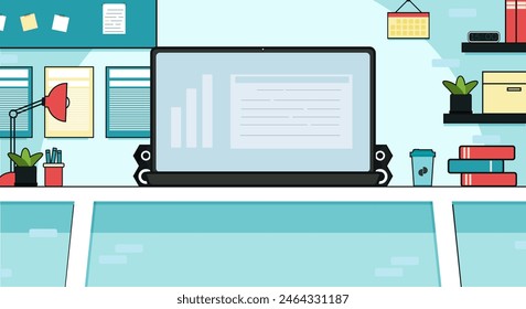 Workspace background design with desk and tools in flat style .