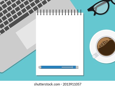 workspace banner with computer, notebook and pen