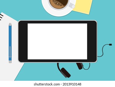 workspace banner with tablet and office supplies