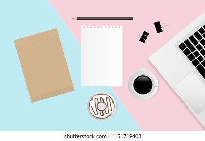 Workspace with blank note paper, pencil, brown envelope, coffee cup, donut and laptop computer on pastel color background, Flat lay. Vector illustration