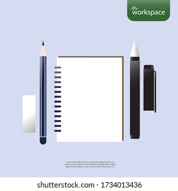 Workspace with blank open notepad, pen, pencil, eraser, pastel style, Flat lay, top view